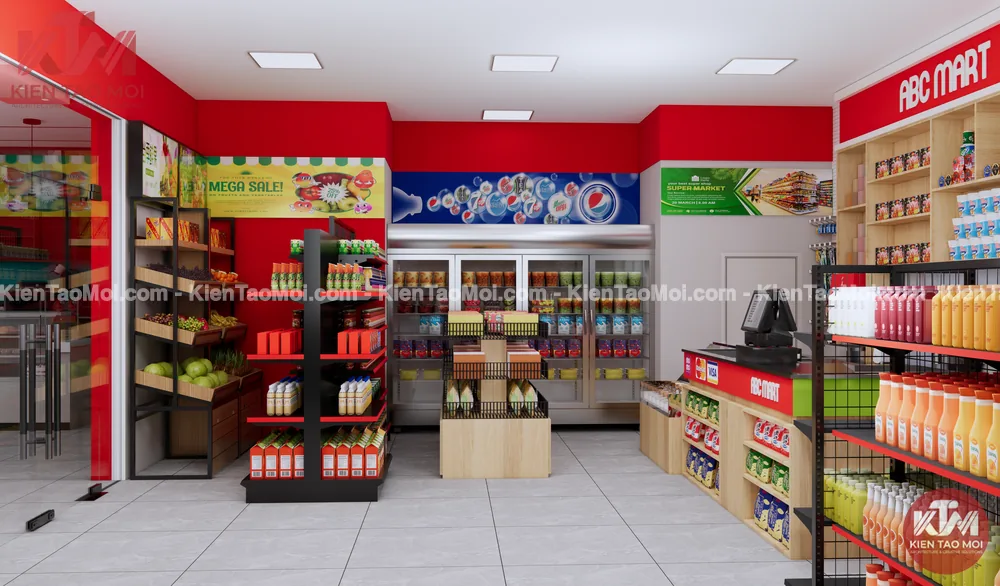 Khu rau củ kệ gỗ nghiêng và tủ mát âm tường trong thiết kế siêu thị mini