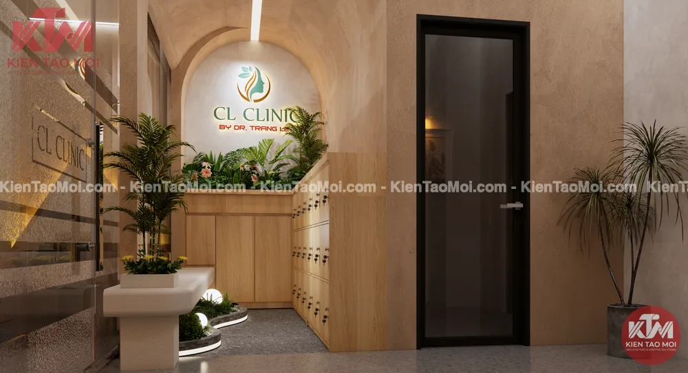 Khu thay đồ mẫu thiết kế spa da liễu Khu thay đồ mẫu thiết kế spa da liễu với locker và cây xanh
