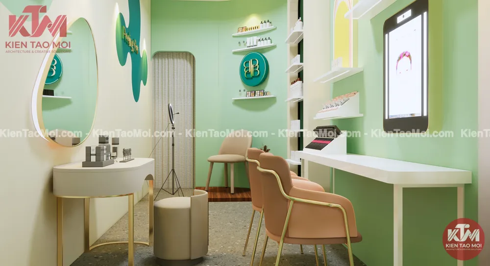 Khu soi da thiết kế spa chăm sóc da liễu, gương viền đèn bo tròn