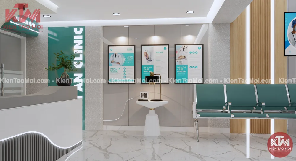 Sảnh lễ tân tầng trệt phòng khám đa khoa, góc đo huyết áp