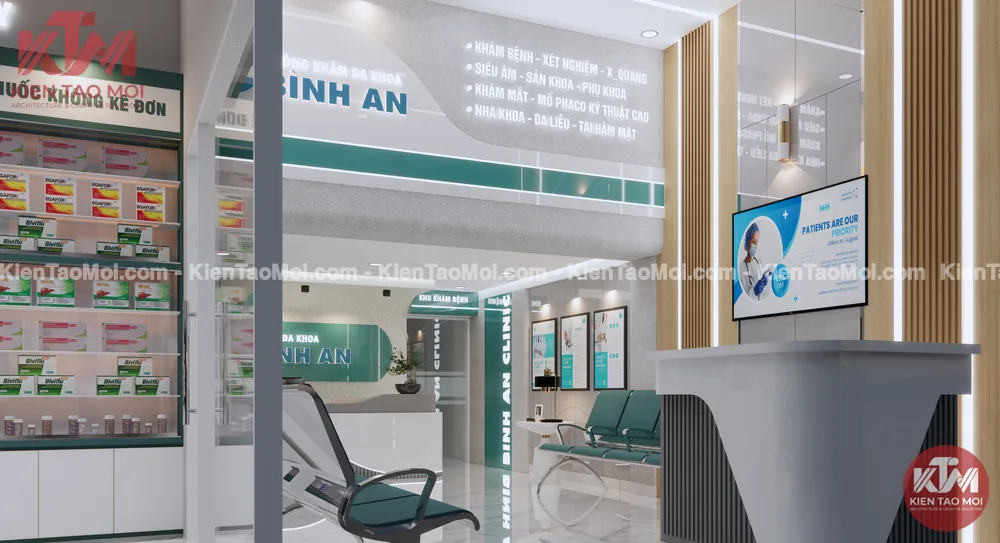 Sảnh lễ tân tầng trệt phòng khám đa khoa, khu chờ cạnh nhà thuốc