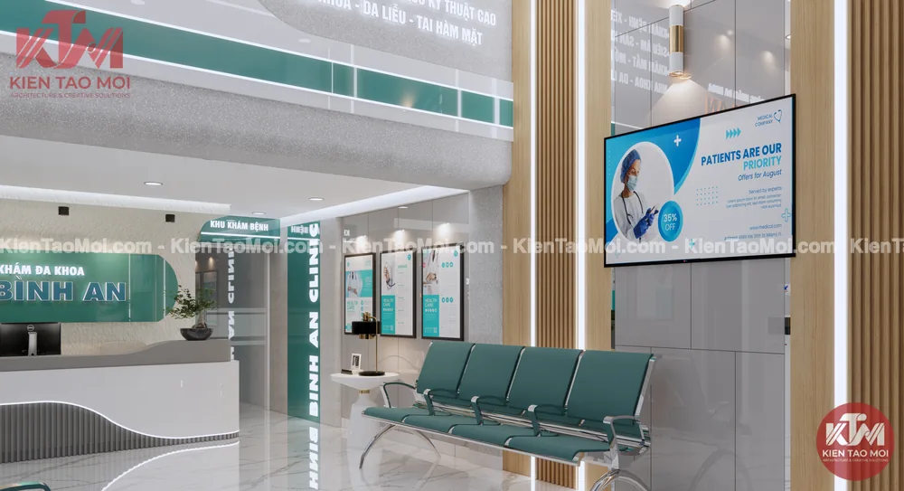 Sảnh lễ tân tầng trệt phòng khám đa khoa, khu chờ màn hình poster
