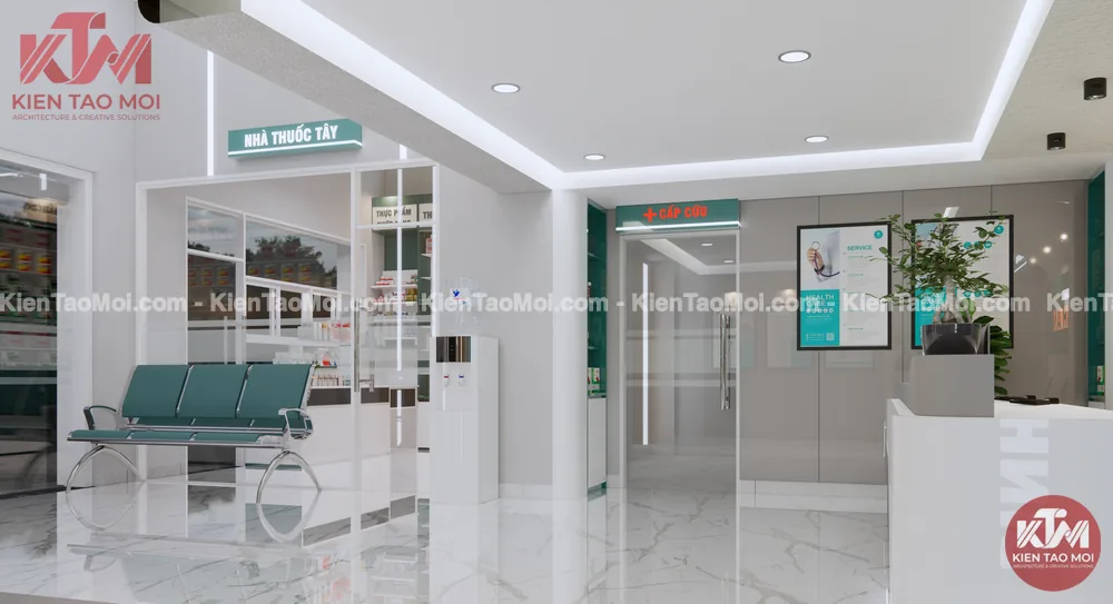 Sảnh lễ tân tầng trệt phòng khám đa khoa, lối sang phòng cấp cứu