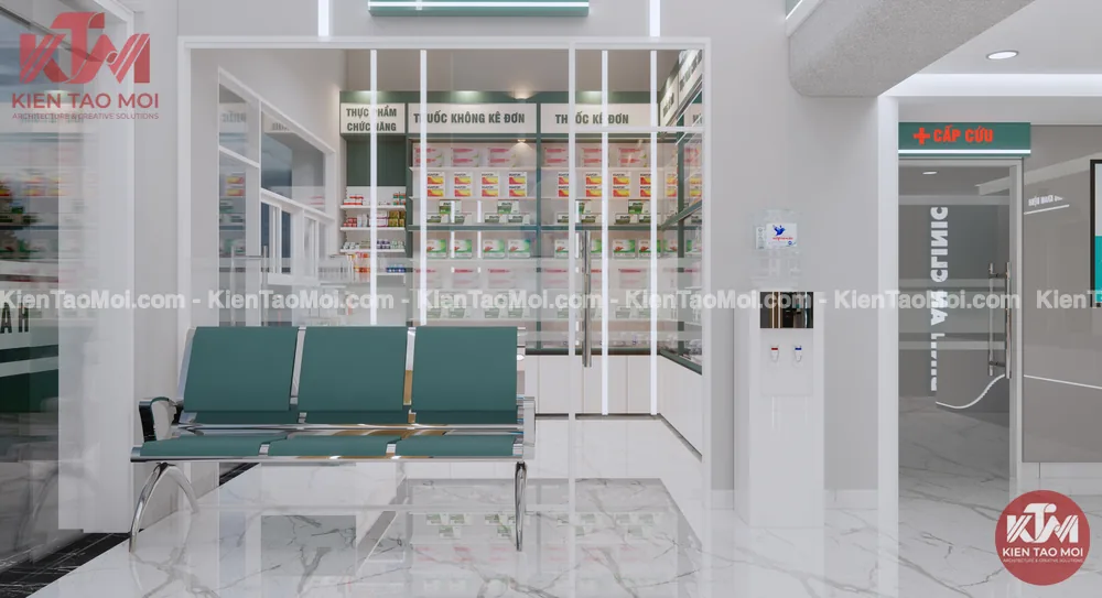 Sảnh lễ tân nội thất phòng khám đa khoa, ghế chờ bên tủ thuốc