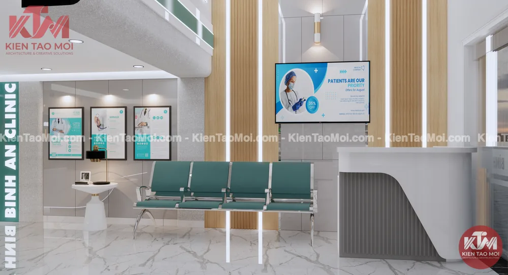 Sảnh lễ tân mẫu thiết kế phòng khám đa khoa, ghế chờ xanh ngọc