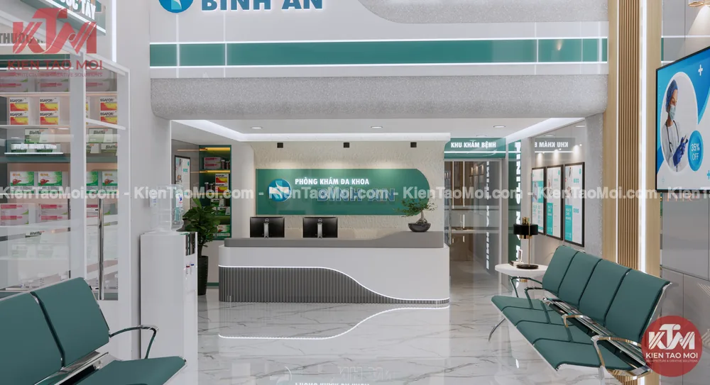 Sảnh lễ tân nội thất phòng khám đa khoa, quầy tiếp đón chính diện