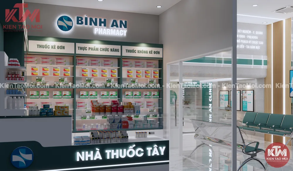 Sảnh lễ tân tầng trệt phòng khám đa khoa, nhà thuốc góc nghiêng