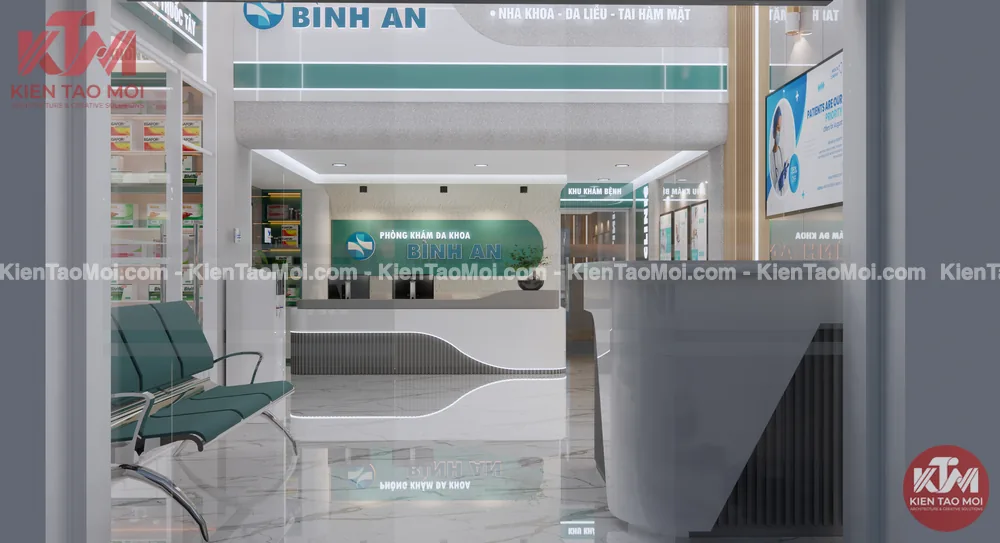 Sảnh lễ tân tầng trệt phòng khám đa khoa, nhìn từ cửa kính