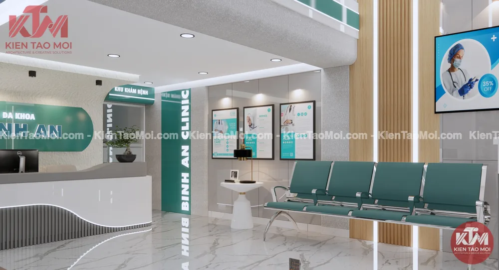 Sảnh lễ tân tầng trệt phòng khám đa khoa, quầy thu ngân poster