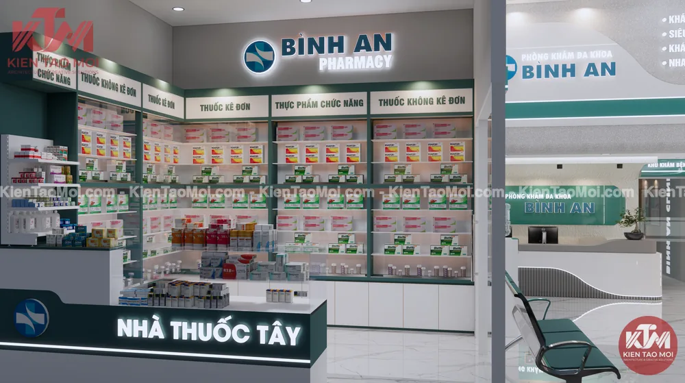 Sảnh lễ tân nội thất phòng khám đa khoa, quầy bán thuốc xanh đậm