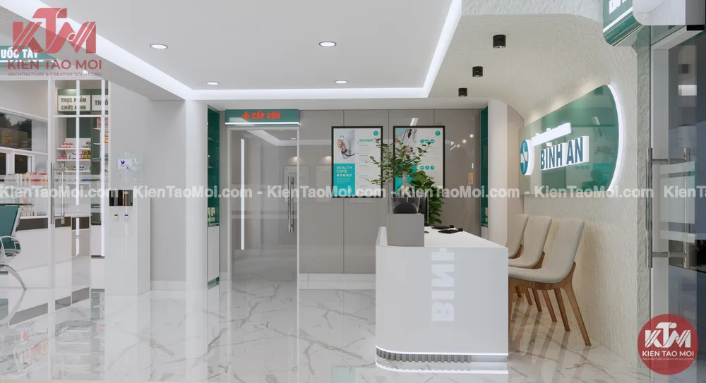 Sảnh lễ tân thiết kế phòng khám đa khoa, quầy phụ ghế gỗ