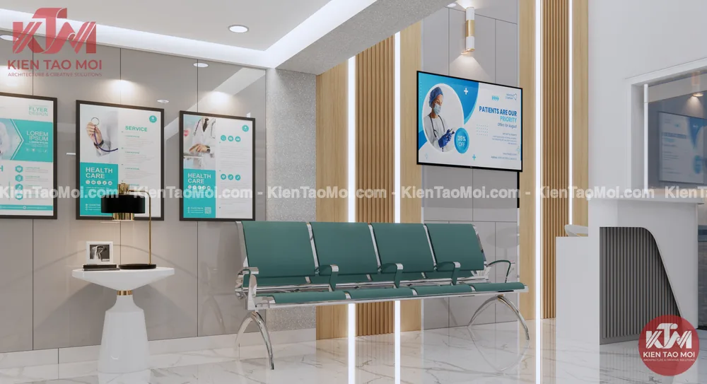 Sảnh lễ tân nội thất phòng khám đa khoa, hàng ghế vách lam gỗ