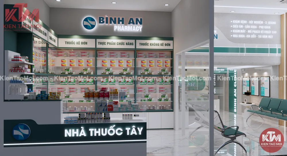 Thiết kế nội thất nhà thuốc tầng trệt, nhà thuốc tủ kính