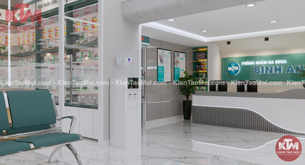 Sảnh lễ tân thiết kế phòng khám đa khoa, quầy lễ tân tủ thuốc