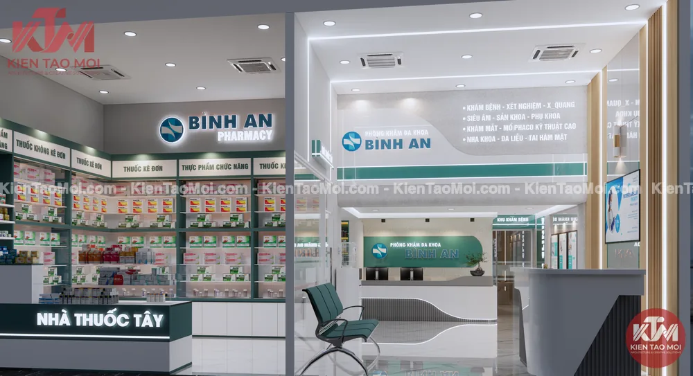 Sảnh lễ tân thiết kế phòng khám đa khoa, toàn cảnh sảnh nhà thuốc