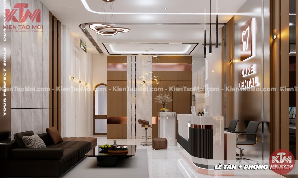 Phối cảnh nội thất nha khoa sang trọng, khu lễ tân và sofa da nâu