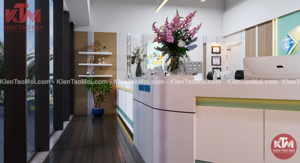 Lối đi vách kính trong thiết kế nội thất đại lý vé máy bay, sàn gỗ tối màu