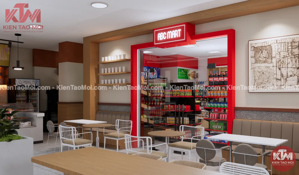 Lối thông từ quán sang siêu thị trong mẫu thiết kế quán cafe kết hợp siêu thị