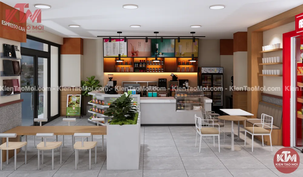 Lối vào thiết kế quán cafe shop house cạnh cửa kính, kệ tạp chí và bàn dài gỗ