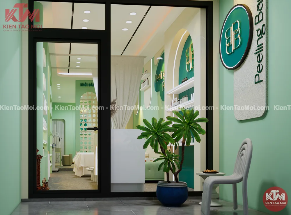 Lối vào thiết kế spa chăm sóc da liễu với biển logo đứng