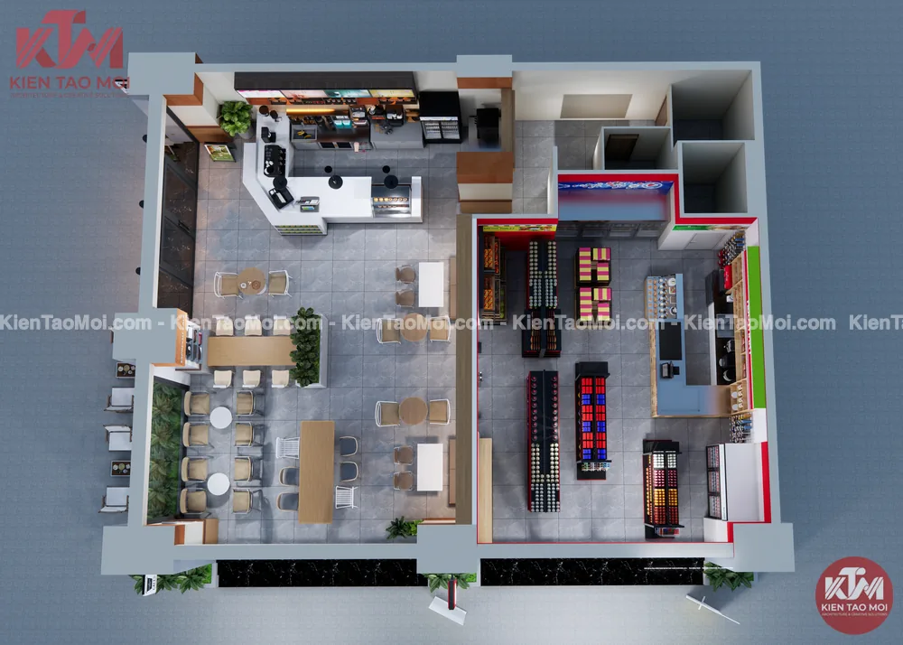 Mặt bằng 3D mẫu thiết kế quán cafe kết hợp siêu thị 140m2 chia hai khu riêng