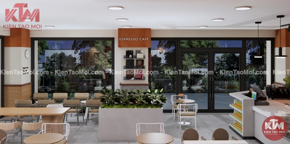Mặt kính lớn thiết kế quán cafe shop house nhìn ra cây xanh, trụ gỗ
