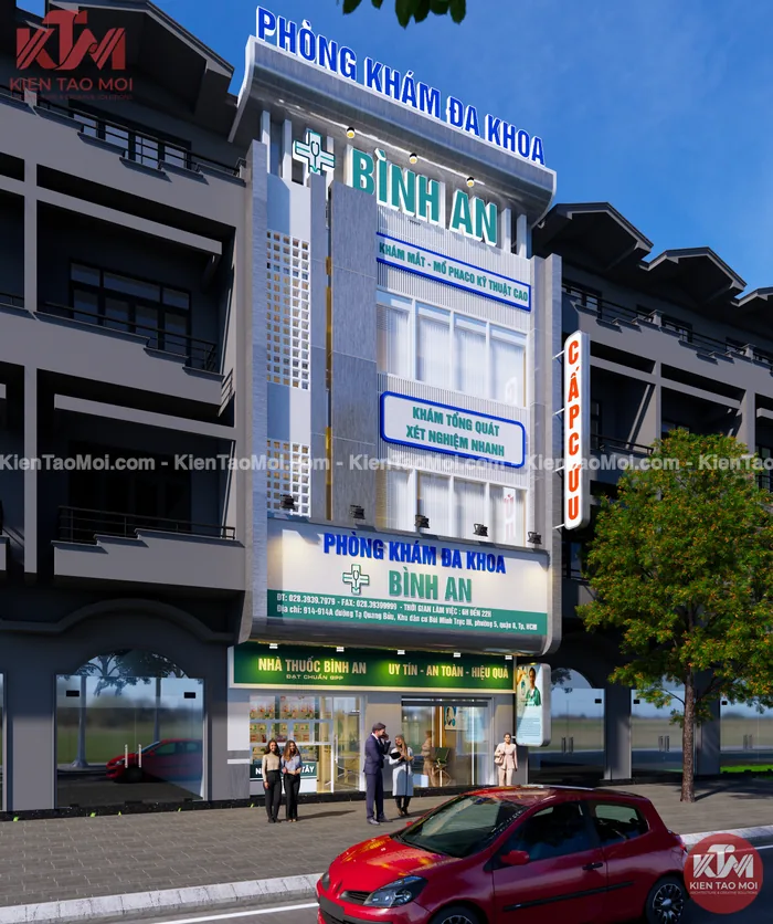 Mẫu thiết kế phòng khám điều trị đa khoa nhìn góc thấp tầng trệt rộng