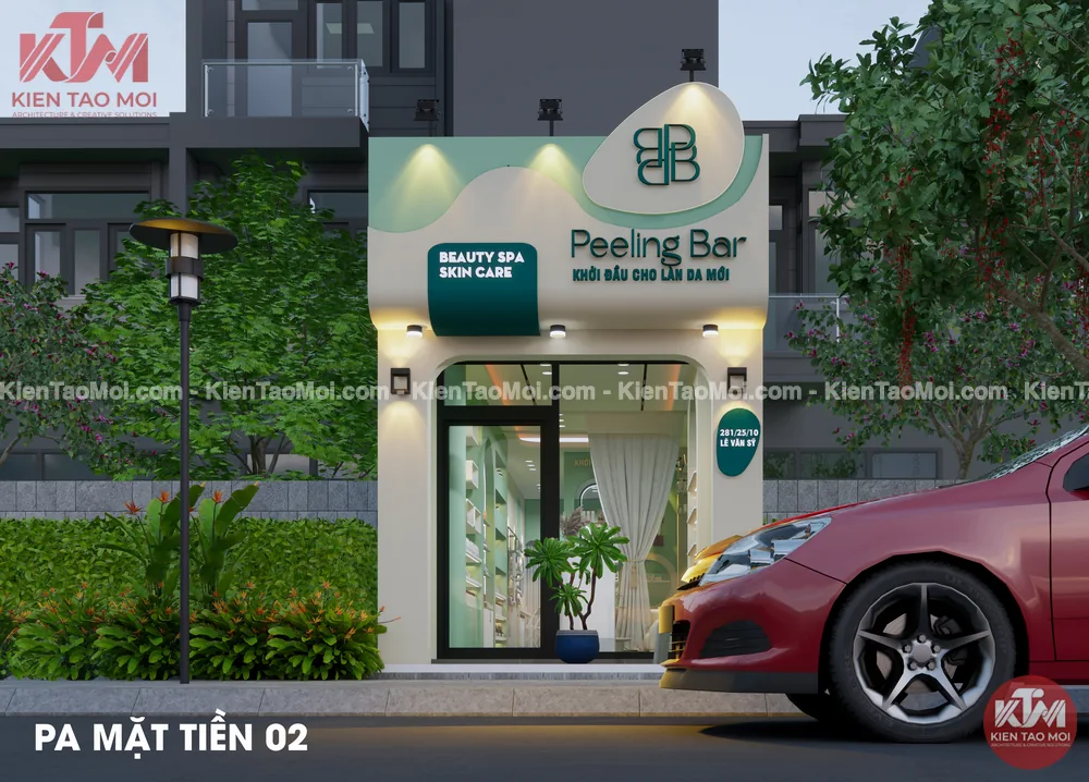 Mặt tiền mẫu thiết kế spa da liễu với cửa vòm cong và đèn hắt