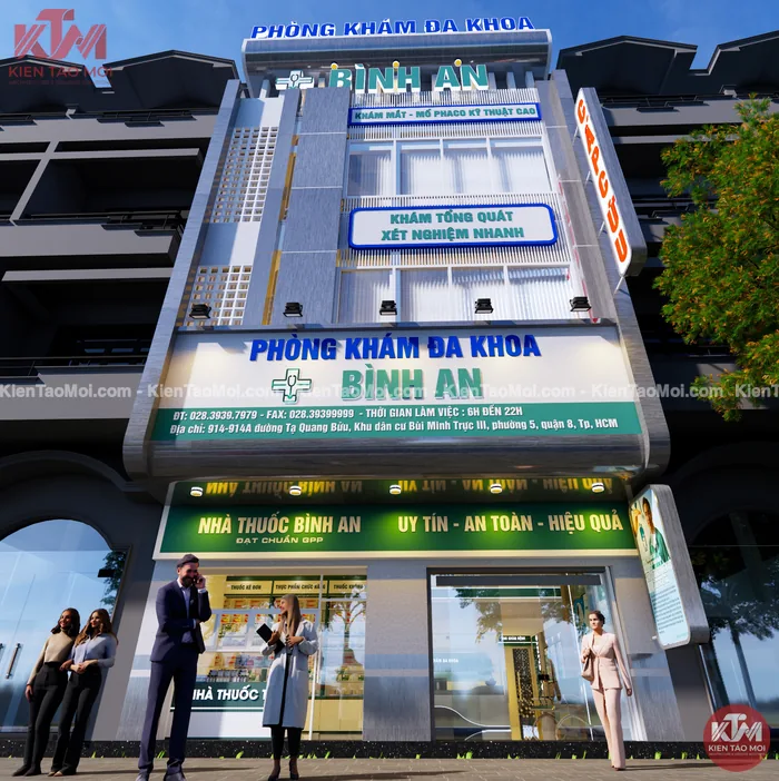 Thiết kế phòng khám đa khoa nhìn chính diện nhà thuốc sáng đèn