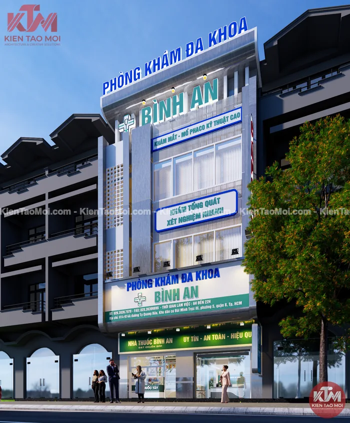 Mặt tiền phòng khám đa khoa, góc trái bảng hiệu xanh