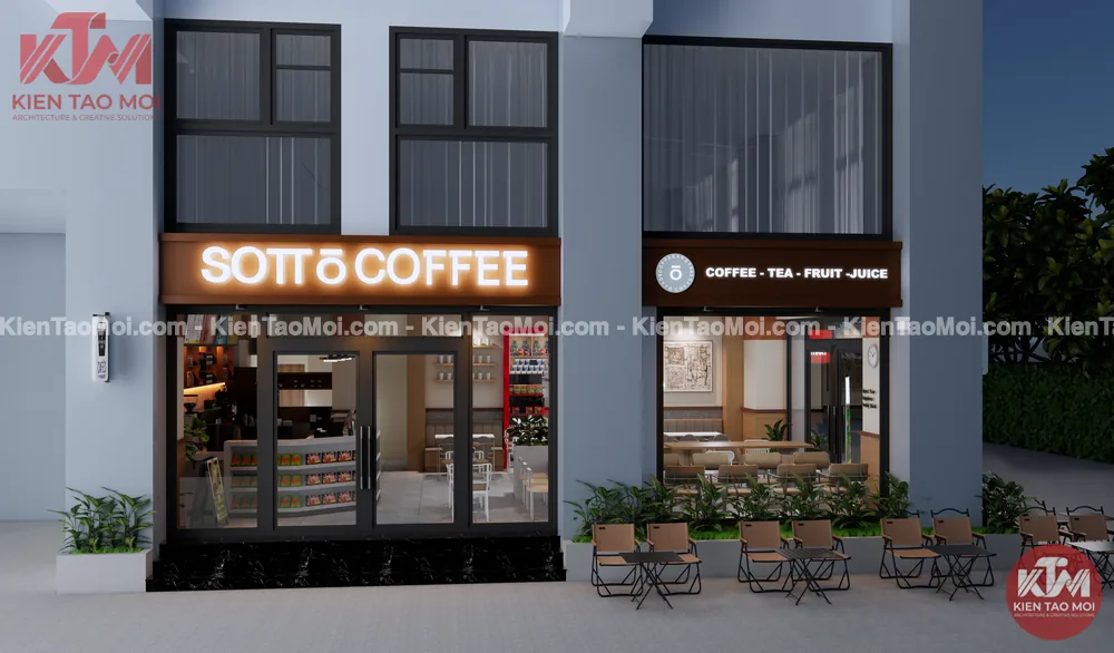 Mặt tiền thiết kế quán cafe shop house cửa kính khung đen, bàn ghế ngoài trời