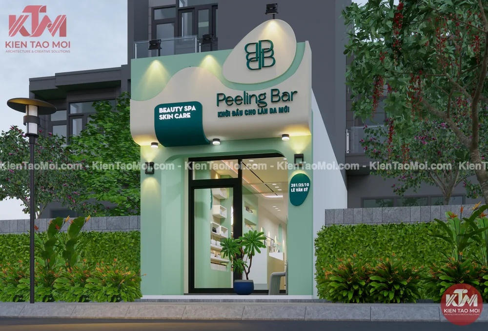 Mặt tiền spa xanh mint với cây xanh và đèn sân vườn hai bên