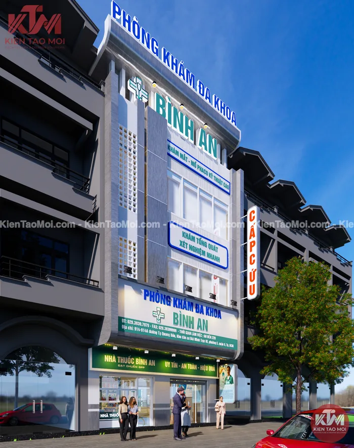 Mặt tiền phòng khám đa khoa, khối kính và lam nhôm