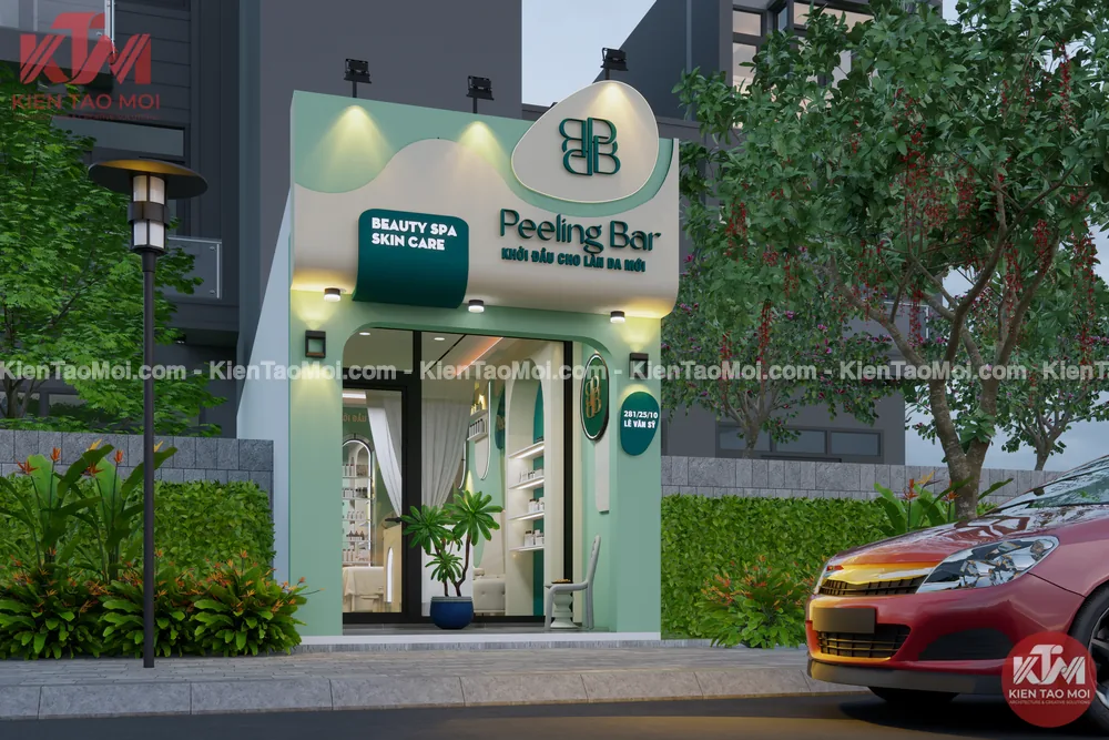 Mặt tiền xanh mẫu thiết kế spa da liễu nhìn từ góc trái
