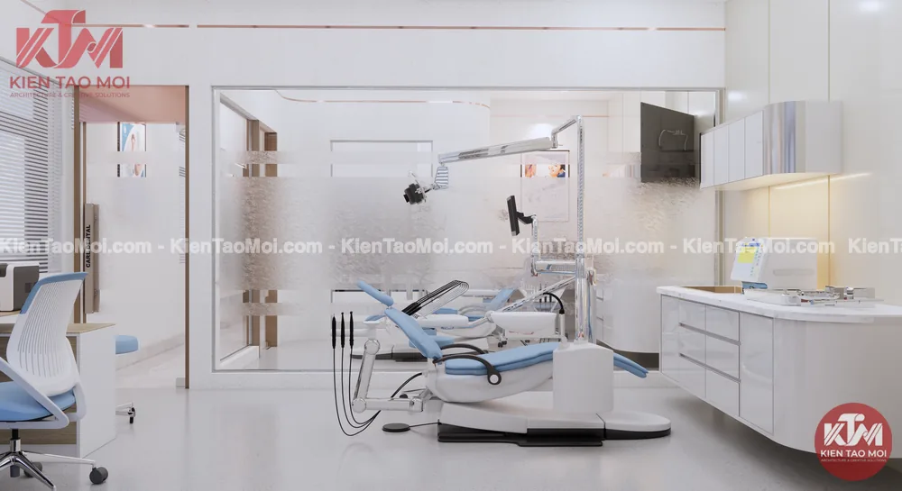 Mẫu thiết kế phòng khám nha khoa đẹp với vách kính mờ chia phòng và ghế xanh