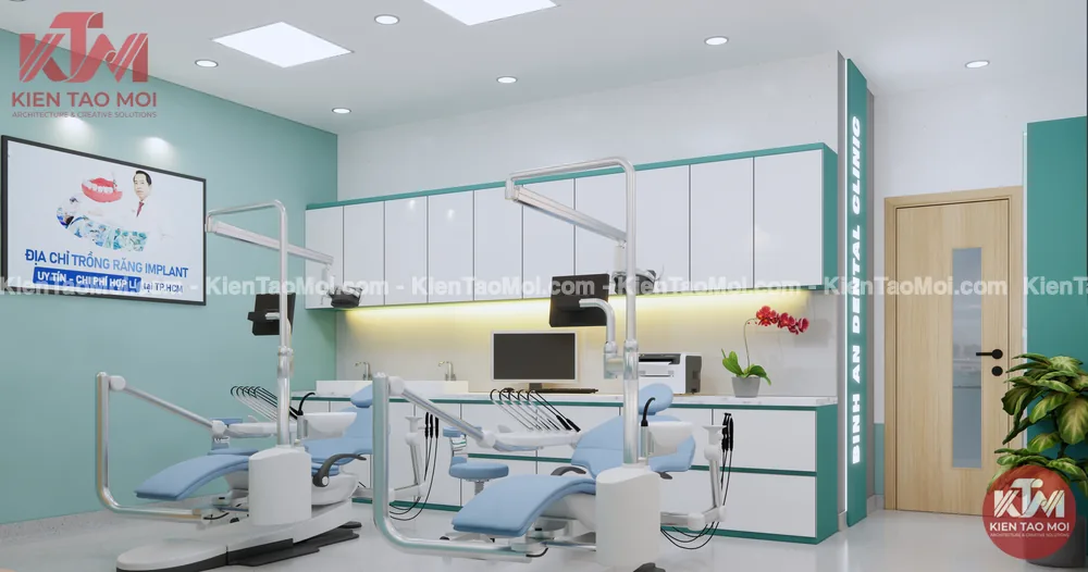 Phòng nha khoa lầu 2 phòng khám đa khoa, ghế nha chậu cây