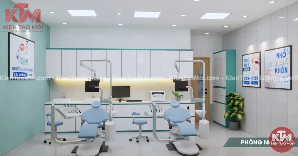 Thiết kế nội thất phòng nha khoa lầu 2, hai ghế nha tủ trắng