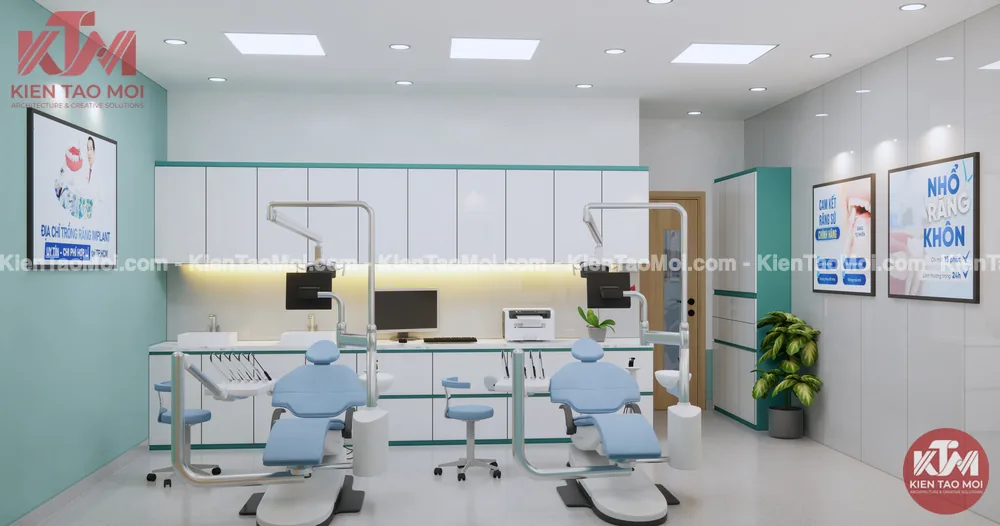 Thiết kế nội thất phòng nha khoa lầu 2, tủ dụng cụ hắt đèn