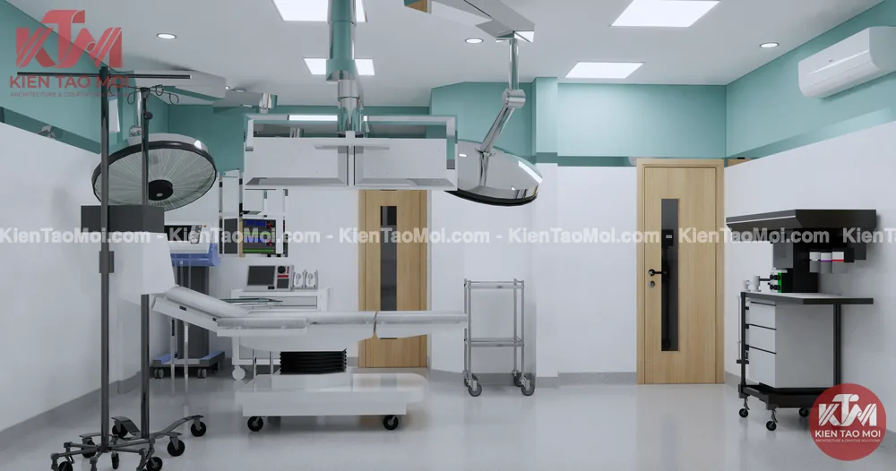 Phòng Phaco lầu 1 phòng khám đa khoa, tủ thiết bị cửa gỗ