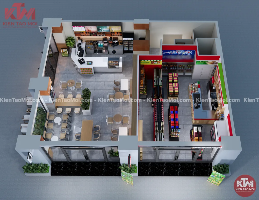 Phối cảnh tổng thể thiết kế quán cafe kết hợp siêu thị mini nhìn từ trên cao