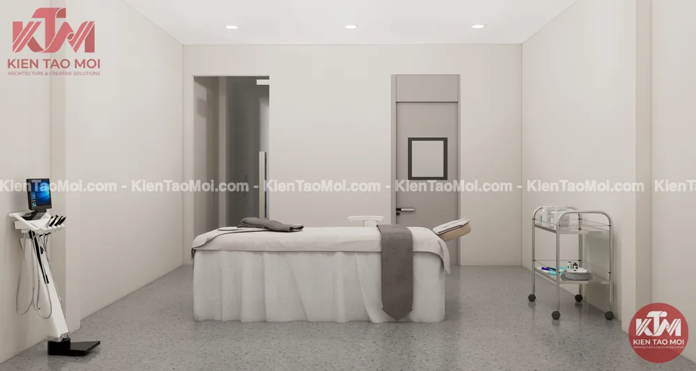 Phòng chăm sóc điều trị da liễu với máy soi da và xe đẩy inox