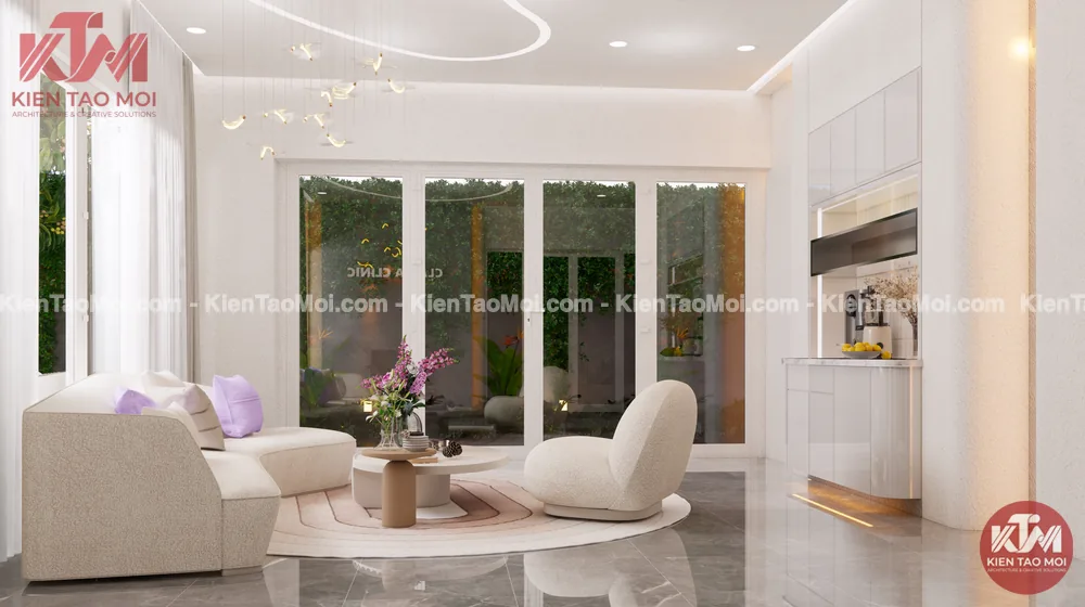Phòng chờ mẫu thiết kế spa da liễu ghế bouclé Phòng chờ mẫu thiết kế spa da liễu, ghế bouclé trắng thảm tròn