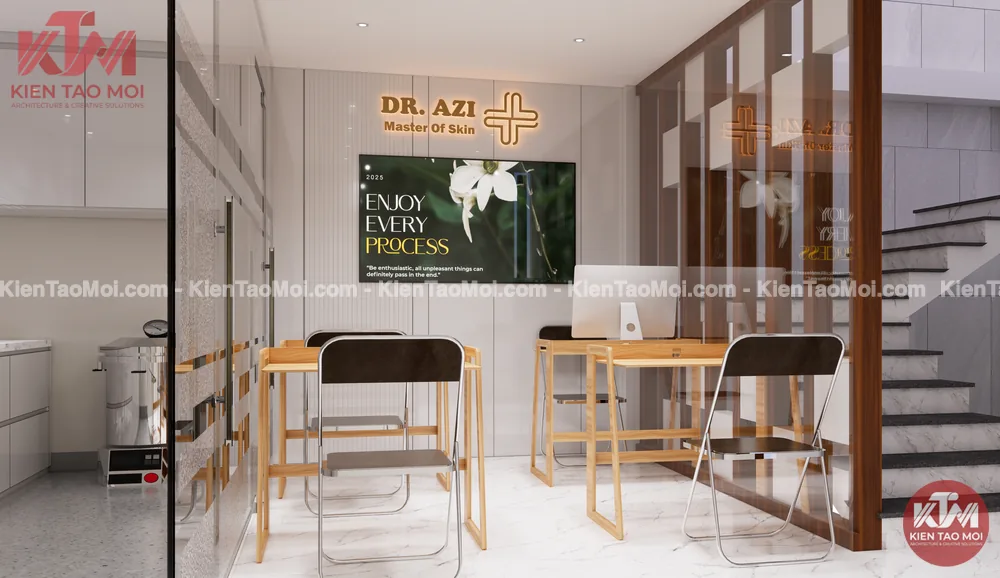 Phòng đào tạo nội thất phòng khám da liễu, bàn gỗ ghế xếp