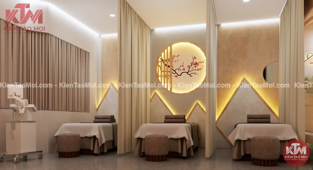 Phòng điều trị nội thất spa da liễu tông be ấm Phòng điều trị nội thất spa da liễu với rèm be và đèn hắt vàng