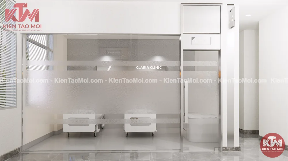 Phòng điều trị vách kính mờ trong thiết kế phòng khám da liễu Thiết kế phòng khám da liễu, phòng điều trị vách kính mờ