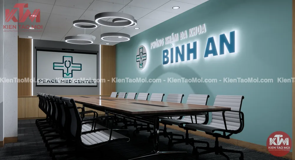 Phòng họp mẫu thiết kế phòng khám đa khoa, ghế lưới đen