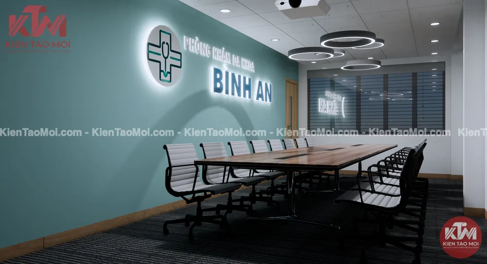 Thiết kế nội thất phòng họp lầu 3, logo phát sáng đèn vòng