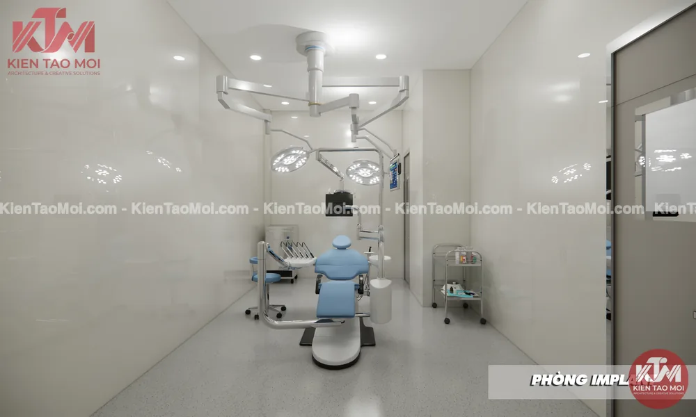 Phòng implant trong thiết kế phòng khám nha khoa, đèn mổ treo trần