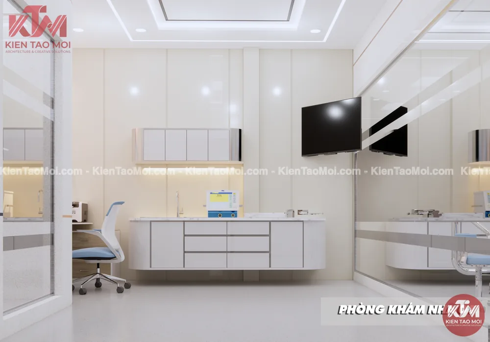 Phòng khám nha 01 trong thiết kế phòng khám nha khoa, tủ tiệt trùng trắng bo cong