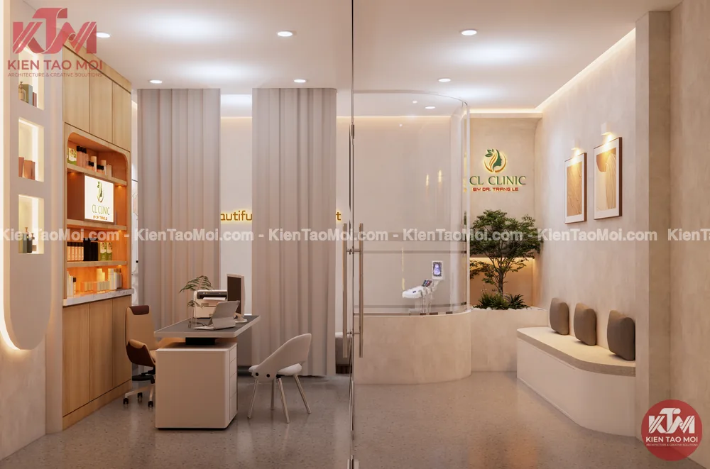 Phòng khám vách kính cong thiết kế phòng khám da liễu Phòng khám nhìn qua vách kính cong, thiết kế phòng khám da liễu